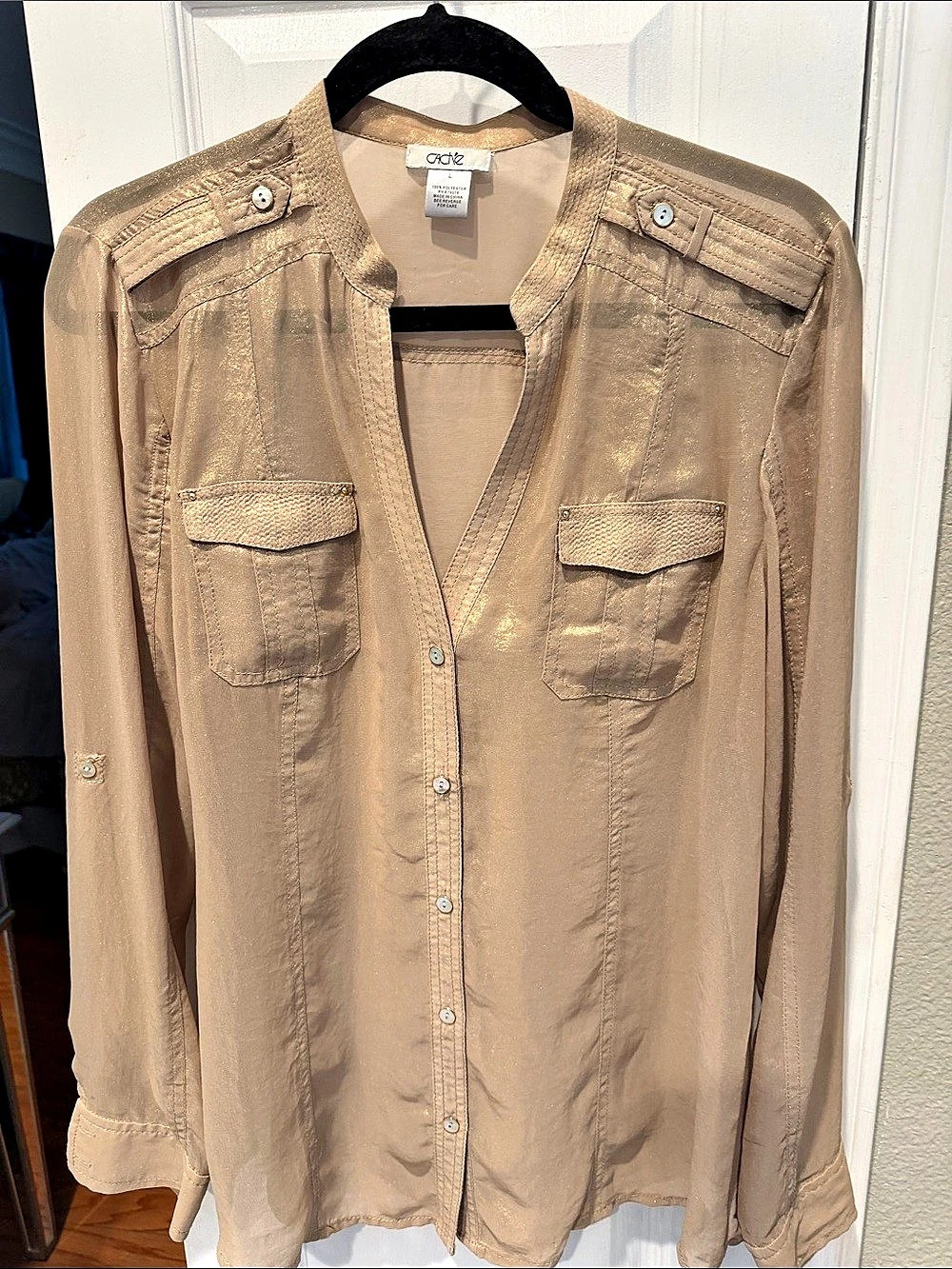 Cache Women's sheer  Button Down Shirt in gold shimmer Size Large Like New